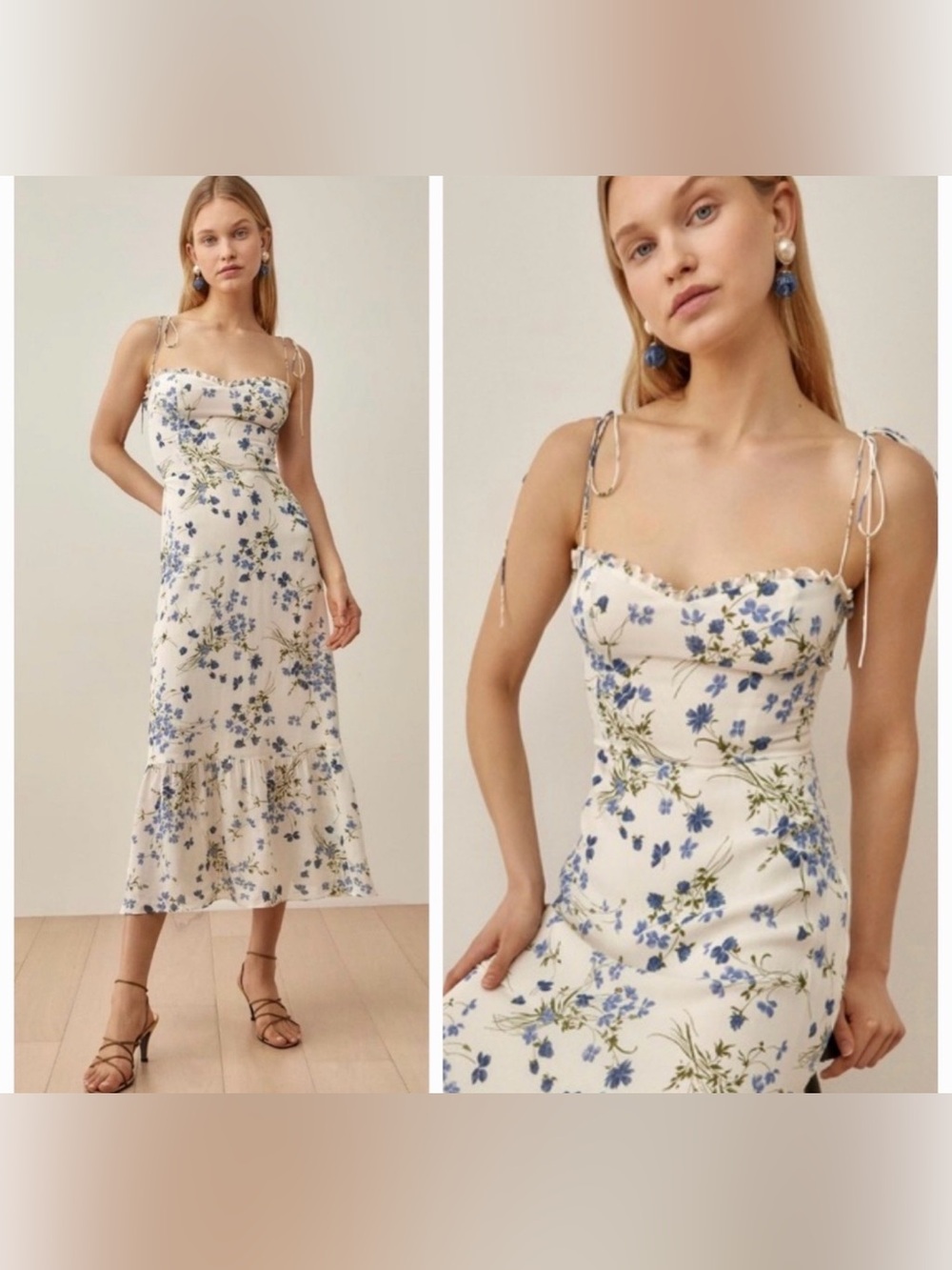 Reformation Enya Clarita Blue Floral Midi Dress Tie Strap Ruffle Size 8